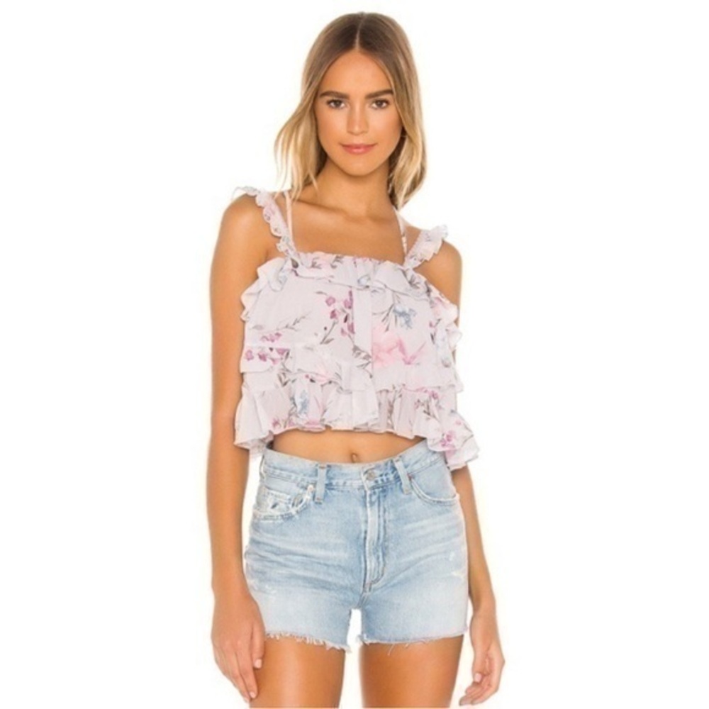 Tularosa x Revolve Helena Lilac Floral Ruffle Flounce Crop Top Womens XXS NWT
